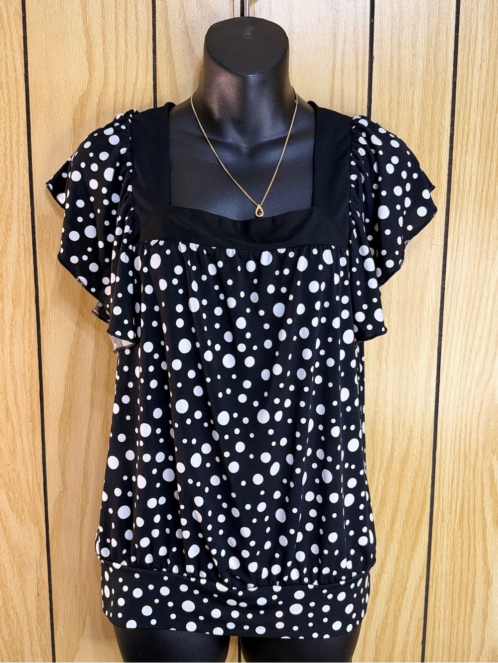 Speechless Black and White Polka Dot Square Neck Flutter Sleeve Top